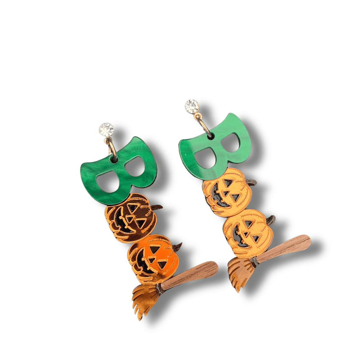 Pendientes BOO Calabazas y Escoba de Bruja de Metacrilato con Brillante - Acero Inoxidable | Minipekas